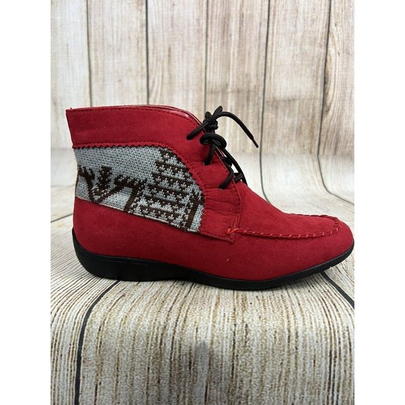 Women Ankle Moccasin Booties Ankle Boots Sz 7W Red Faux Suede Lace Up Boho - Picture 4 of 10